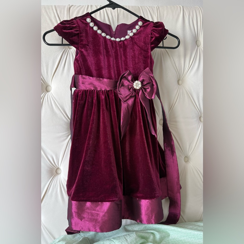 Kids Elegant Velvet Dress with Bow and Rhinestone 5